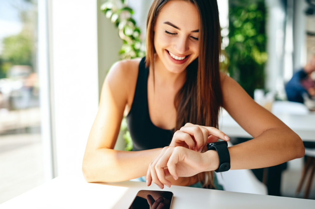 Smiling woman using wellness app